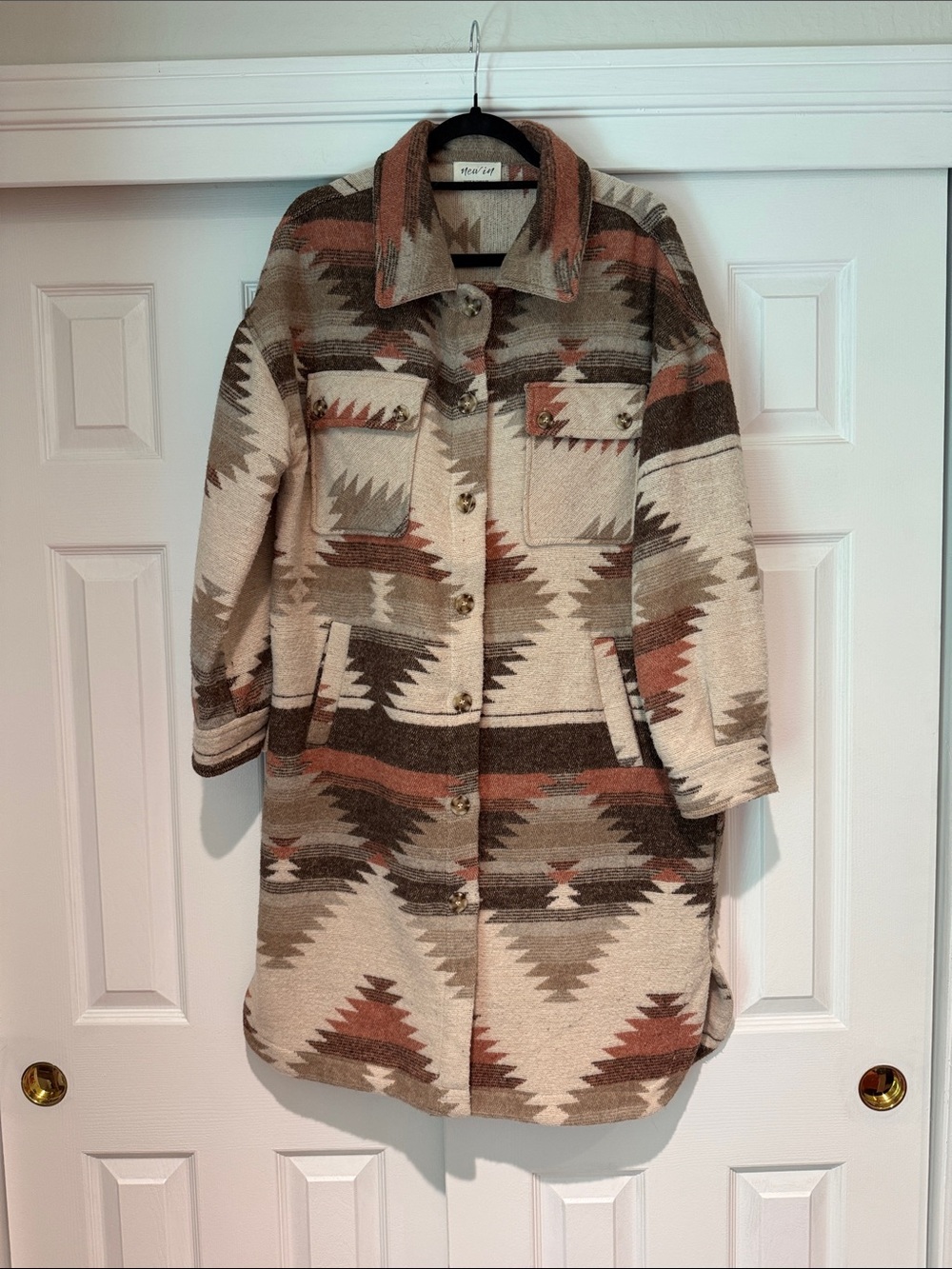 Patterned Long Trench Coat in Beige, Brown & Rust